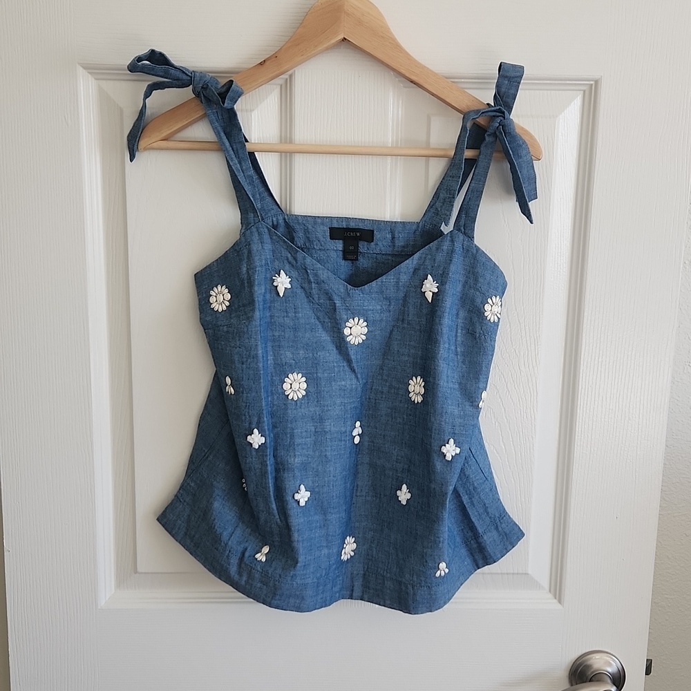 J. Crew Sequin Flower Denim Beaded Tie Bows Tank Size 00
